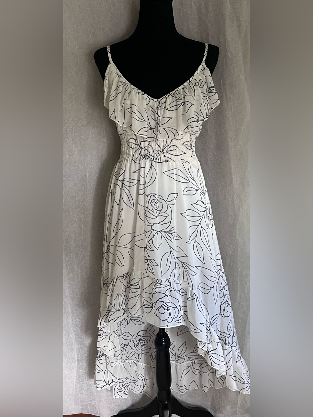 White Floral high low Ruffle Dress with adjustable Spaghetti Straps